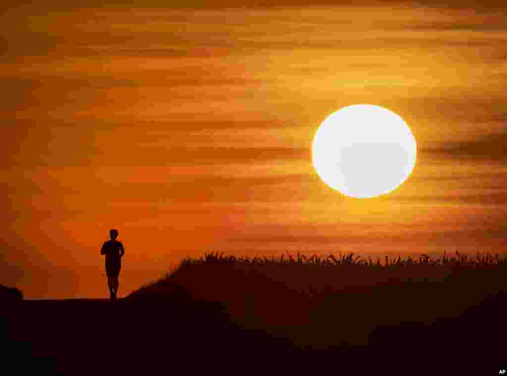 A man runs on a small road as the sun rises in Frankfurt, Germany. Hot temperatures are expected all over Germany during the next days.