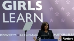 U.S. first lady Michelle Obama delivers remarks at the "Let Girls Learn" initiative event in advance of the IMF/World Bank spring meetings in Washington, April 13, 2016. 