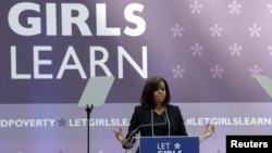 U.S. first lady Michelle Obama delivers remarks at the "Let Girls Learn" initiative event in advance of the IMF/World Bank spring meetings in Washington, April 13, 2016.