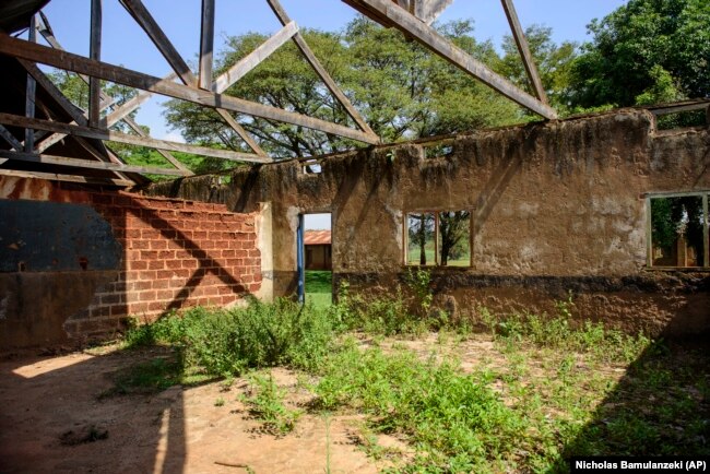 Weeds grow in a classroom with a roof that was destroyed during a storm just before the coronavirus lockdown, Oct. 19, 2021. (AP Photo/Nicholas Bamulanzeki)