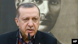 Turkey's President Recep Tayyip Erdogan, backdropped by a portrait of Turkish Republic founder Mustafa Kemal Ataturk, talks to members of the media in Istanbul, prior to his departure on a Mideast tour, Feb. 12, 2017.