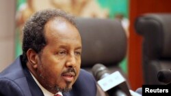 Somalia's President Hassan Sheikh Mohamud addresses a news conference at the African Union Headquarters in Addis Ababa on May 26, 2013.