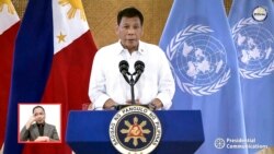 FILE - In this photo taken from video shown at United Nations headquarters, Rodrigo Duterte, president of the Philippines, remotely addresses the 76th session of the U.N. General Assembly in a pre-recorded message, Sept. 21, 2021.