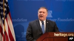 Secretary of State Mike Pompeo speaks at the Heritage Foundation, a conservative public policy think tank, in Washington, May 21, 2018. (AP Photo/J. Scott Applewhite) 