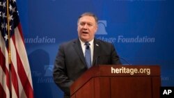 Secretary of State Mike Pompeo speaks at the Heritage Foundation, a conservative public policy think tank, in Washington, May 21, 2018. 