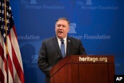Secretary of State Mike Pompeo speaks at the Heritage Foundation, a conservative public policy think tank, in Washington, May 21, 2018.