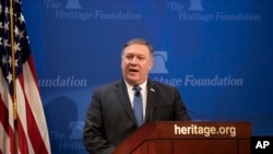 Secretary of State Mike Pompeo speaks at the Heritage Foundation, a conservative public policy think tank, in Washington, May 21, 2018. 