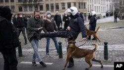 Policajac udara učesnika protesta protiv mera za suzbijanje koronavirusa u Briselu, 31. januar 2021. (Foto:AP/Francisco Seco)