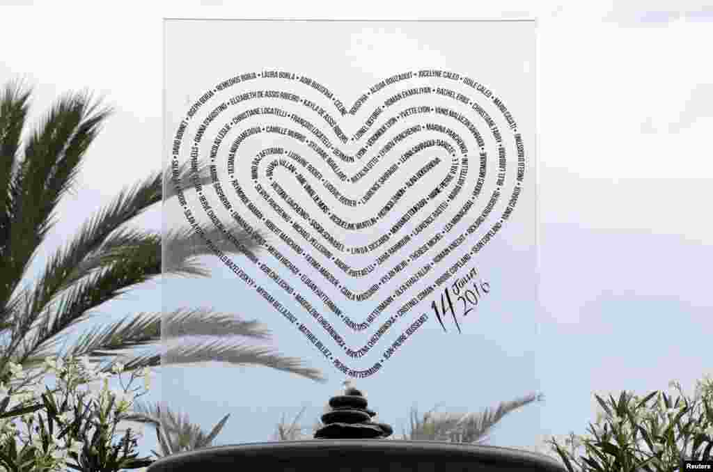 Names of the 86 victims are seen on a memorial in memory of the victims of the July 14 fatal truck attack on the Promenade des Anglais in Nice, France.