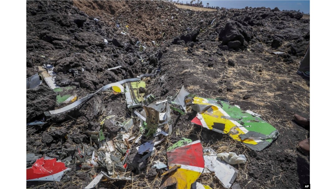 Wreckage lies at the scene of an Ethiopian Airlines flight that crashed shortly after takeoff at Hejere near Bishoftu, or Debre Zeit, some 50 kilometers (31 miles) south of Addis Ababa, in Ethiopia Sunday, March 10, 2019.