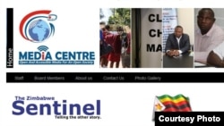 A two-screenshot combo shows the Zimbabwe Media Center and Zimbabwe Sentinel newspaper websites, April 11, 2016.