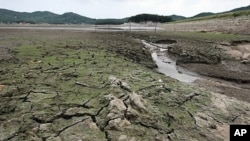 26일 극심한 가뭄으로 바닥이 갈라진 인천 강화군 내가면 고려저수지.
