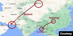 Khoảng cách từ cảng Gwadar của Pakistan đến Tân Cương [Xinjiang] và khoảng cách từ Kyaukpyu của Miến Điện đến Côn Minh [Kunming]. Ảnh: Google Map. Chú thích và minh họa của tác giả.