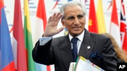 FILE - Pakistan's Special Assistant to Prime Minister on Foreign Affairs Syed Tariq Fatemi arrives for the 10th Asia-Europe Meeting (ASEM) in Milan, Italy, Oct. 16, 2014.