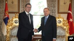 Arhiva - Predsednik Srbije Aleksandar Vučić i predsednik Turske Rečep Tajip Erdogan tokom sastanka u Istanbulu, 29. januara 2018. (Foto: AP/Yasin Bulbul)