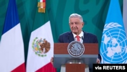 Mexico's President Andres Manuel Lopez Obrador addresses the audience during the Generation Equality Forum Mexico, dedicated to defending the rights of women, in Mexico City, Mexico. March 29, 2021. (Handout from Mexico's Presidency)