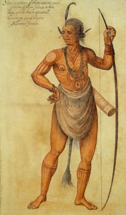 This 1585 watercolor by John Shite shows a Native warrior from the Carolinas.
