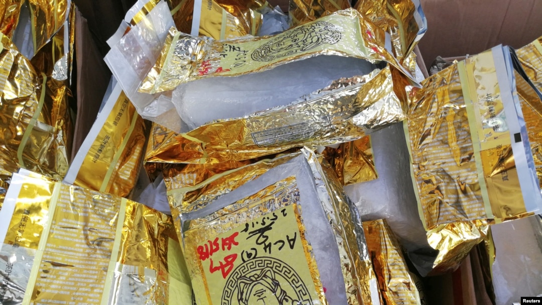 FILE - Malaysian Customs display 1,187kg of Methamphetamine worth 71 million ringgit ($17.8 million) seized during a news conference in Nilai, Malaysia, May 28, 2018. 