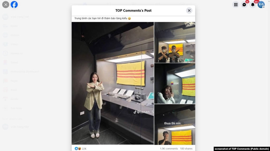 TOP Comments đăng ảnh các thanh niên Việt Nam phỉ báng cờ VNCH tại một viện bảo tàng ở Hà Nội, 3/11/2024.
