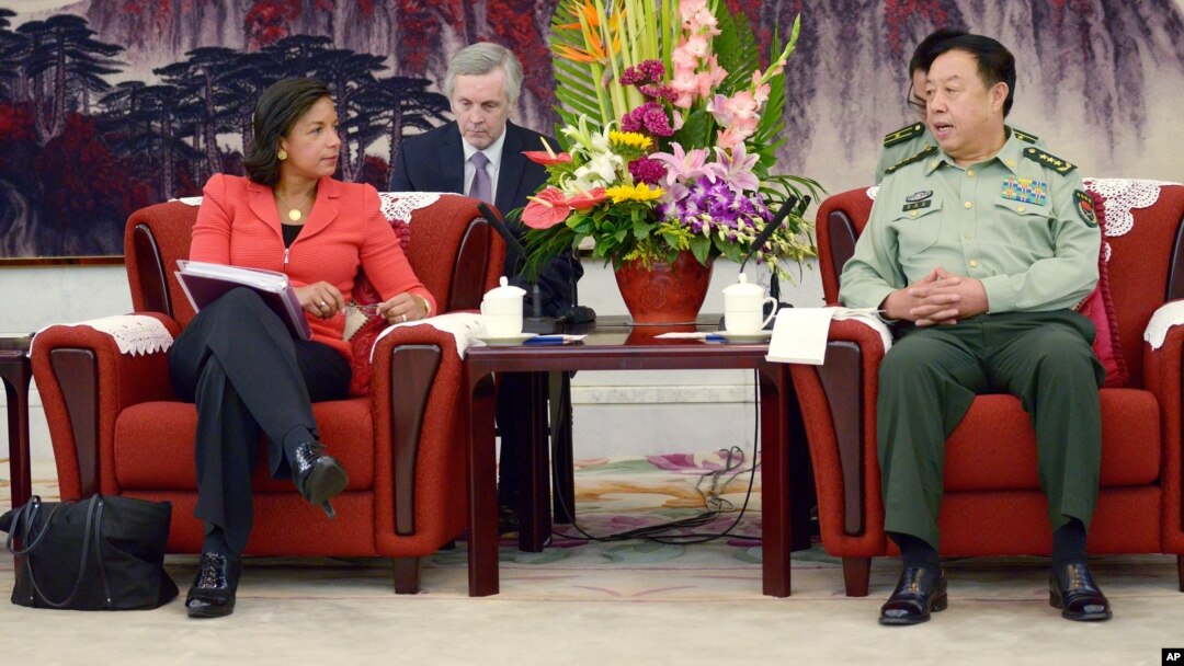Jenderal Fan Changlong (kiri), wakil ketua Komisi Militer China, saat bertemu penasihat keamanan nasional AS Susan Rice di Beijing (9/9).