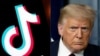 Kompilaso logo TikTok terlihat di layar tablet di Paris, sementara Presiden AS Donald Trump di Gedung Putih, Washington, DC, pada 30 Juli 2020. (Foto: AFP)