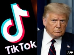 (FILE) (KOMBO) Logo aplikasi berbagi video media sosial Tiktok (kiri) dan Presiden AS Donald Trump di Gedung Putih, Washington, DC, 30 Juli 2020.( Lionel BONAVENTURE dan JIM WATSON / AFP)