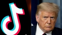 Kompilaso logo TikTok terlihat di layar tablet di Paris, sementara Presiden AS Donald Trump di Gedung Putih, Washington, DC, pada 30 Juli 2020. (Foto: AFP)