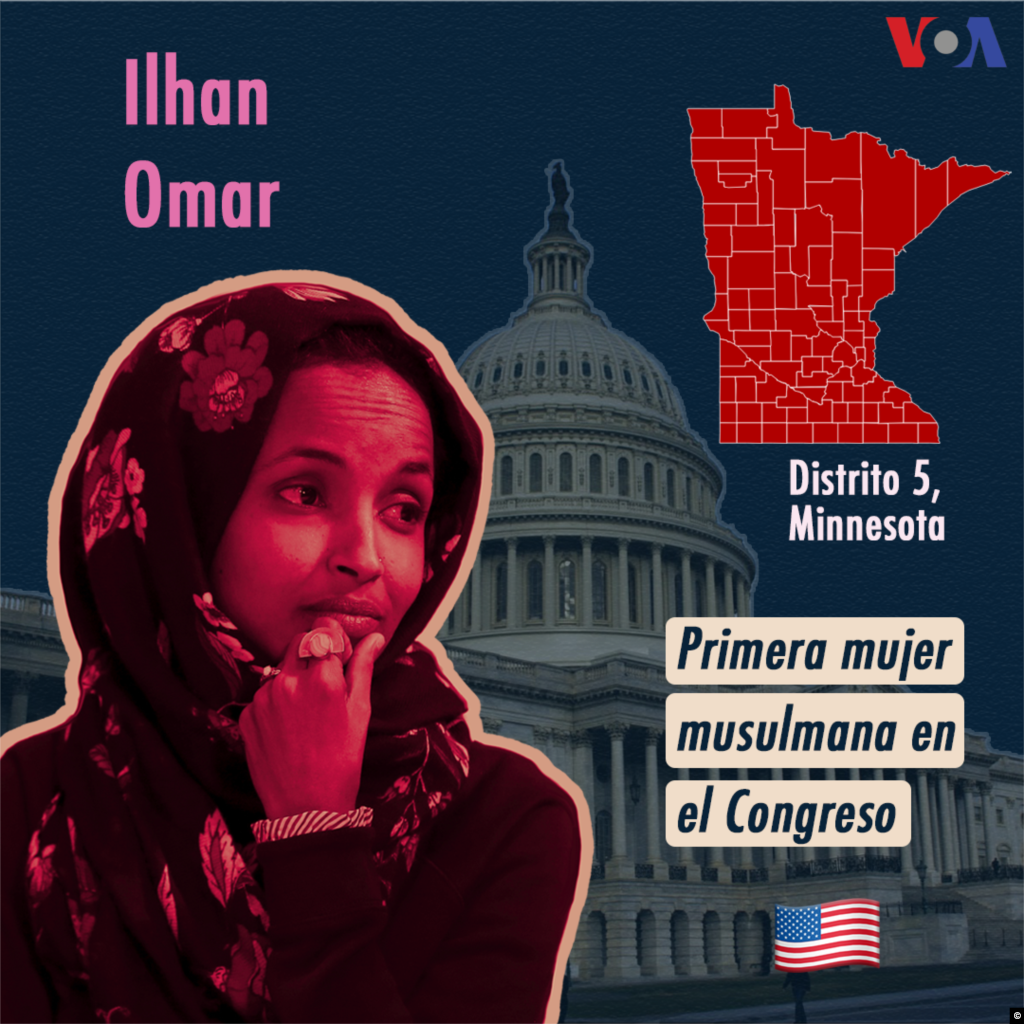 Ilhan Omar, legisladora demócrata del estado de Minnesota, y Rashida Tlaib (Michigan), son las primeras mujeres musulmanes en conseguir un escaño del Congreso de Estados Unidos. Omar, quien también es la primera candidata de origen somalí en llegar a esas instancias, ha abogado por reformas en control de armas, acceso a la salud y una política migratoria más inclusiva y humanitaria.&nbsp;