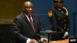 South African President Cyril Ramaphosa addresses the 78th United Nations General Assembly at UN headquarters in New York City on September 19, 2023. (Photo by Ed JONES / AFP)