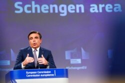 European Commission Vice President Margaritis Schinas speaks during a media conference at EU headquarters in Brussels, June 2, 2021. The European Union unveiled Wednesday plans to revamp Europe's ID-check free travel area.