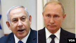 FILE - This compilation photo shows file images of Israeli Prime Minister Benjamin Netanyahu and Russian President Vladimir Putin.