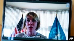 Duta Besar Amerika untuk PBB, Kelly Craft, dalam pertemuan virtual DK PBB, 24 September 2020. (AP Photo/Mary Altaffer)