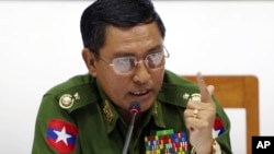 Maj. Gen. Soe Naing Oo, chairman of the Myanmar's military information committee, talks to journalists during a press conference at the Military Museum in Naypyitaw, Myanmar, Jan. 18, 2019.