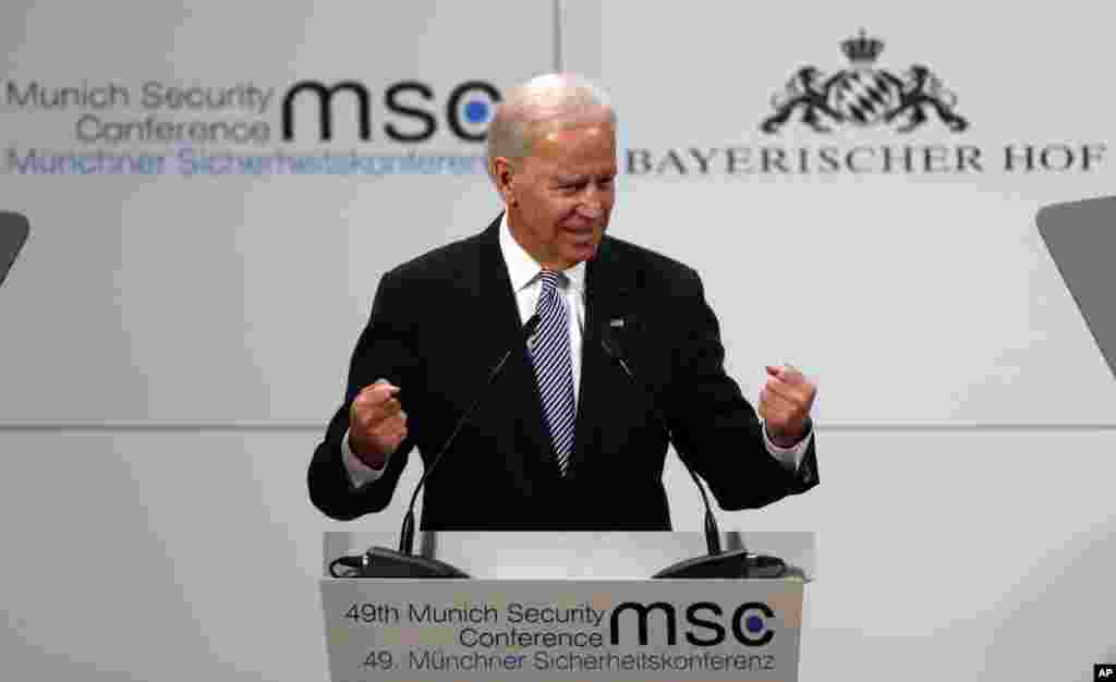 US Vice President Joe Biden gestures during his speech at the Security Conference in Munich, February 2, 2013.