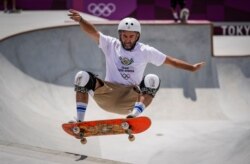 Dallas Oberholzer, 46, from South Africa, takes part in a men's park skateboarding training session at the 2020 Summer Olympics, July 31, 2021, in Tokyo, Japan.