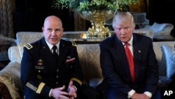 FILE - President Donald Trump listens to remarks by national security adviser H.R. McMaster, at Trump's Mar-a-Lago estate in Palm Beach, Fla, Feb. 20, 2017.