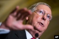 FILE - Senate Majority Leader Sen. Mitch McConnell of Kentucky speaks during a news conference on Capitol Hill in Washington, Sept. 16, 2015.