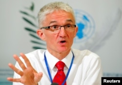 Mark Lowcock, United Nations Under-Secretary-General for Humanitarian Affairs and Emergency Relief Coordinator (OCHA) attends a news conference in Geneva, Switzerland, April 26, 2018.