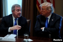 FILE - U.S. President Donald Trump listens to U.S. Senator Dick Durbin, D-Ill., during a meeting with legislators on immigration reform at the White House in Washington, Jan. 9, 2018.