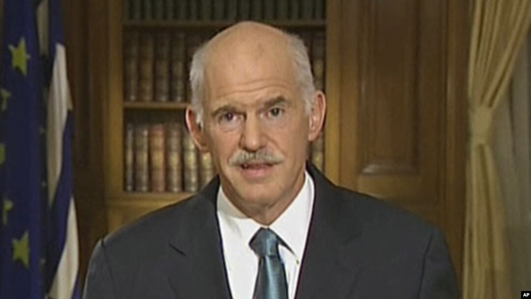 In this image taken from TV, Greek Prime Minister George Papandreou, talks to the nation in a live TV broadcast, June 15, 2011, in Athens