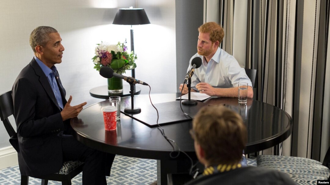 Britain's Prince Harry interviews former U.S. President Barack Obama as part of his guest editorship of BBC Radio 4's Today programme which is to be broadcast on Dec. 27, 2017. (Obama Foundation/BBC/Handout via REUTERS) 
