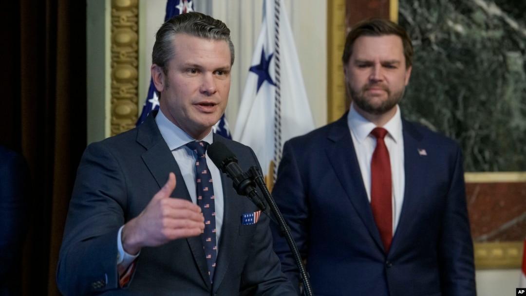 Pete Hegseth speaks after being sworn in as Secretary of Defense by Vice President JD Vance in the Indian Treaty Room of the Eisenhower Executive Office Building on the White House campus in Washington, Jan. 25, 2025. 