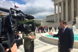 Food Marketing Institute lawyer Evan Young speaks to reporters outside the Supreme Court after the high court heard arguments in the supermarket trade association’s case Monday, April 22, 2019, in Washington.