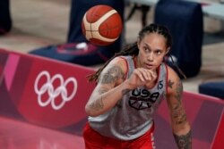 United States basketball player Brittney Griner takes practice at the 2020 Summer Olympics, July 24, 2021, in Saitama, Japan.