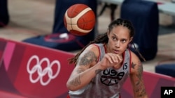 United States' Brittney Griner takes part in a women's basketball practice at the 2020 Summer Olympics, Saturday, July 24, 2021, in Saitama, Japan. (AP Photo/Eric Gay)