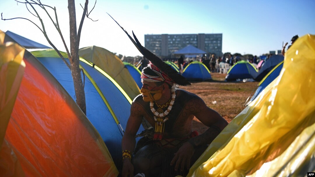 A member of the Pataxo tribe at a protest camp in Brasilia, Brazil on Aug. 23, 2021.