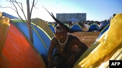 A member of the Pataxo tribe at a protest camp in Brasilia, Brazil on Aug. 23, 2021.