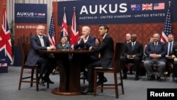 U.S. President Joe Biden meets with Australian Prime Minister Anthony Albanese and British Prime Minister Rishi Sunak, at Naval Base Point Loma in San Diego, California March 13, 2023.