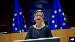 Margrethe Vestager, mkuu wa udhibiti wa teknolojia katika Umoja wa Ulaya. May 18, 2021. (AP Photo/Francisco)