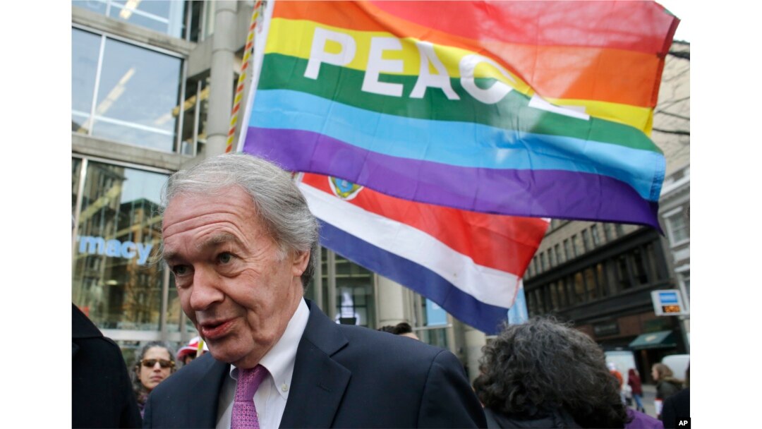 Sen. Edward Markey, D-Mass., speaks with reporters following a rally called "We Will Persist," Feb. 21, 2017, in Boston.